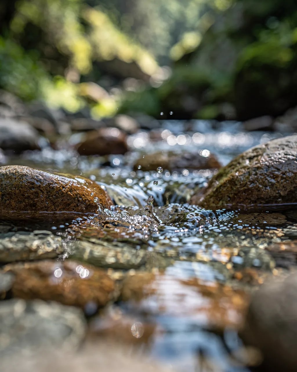 Kristallklares Wasser über Flusssteine — natürliche Prozesse